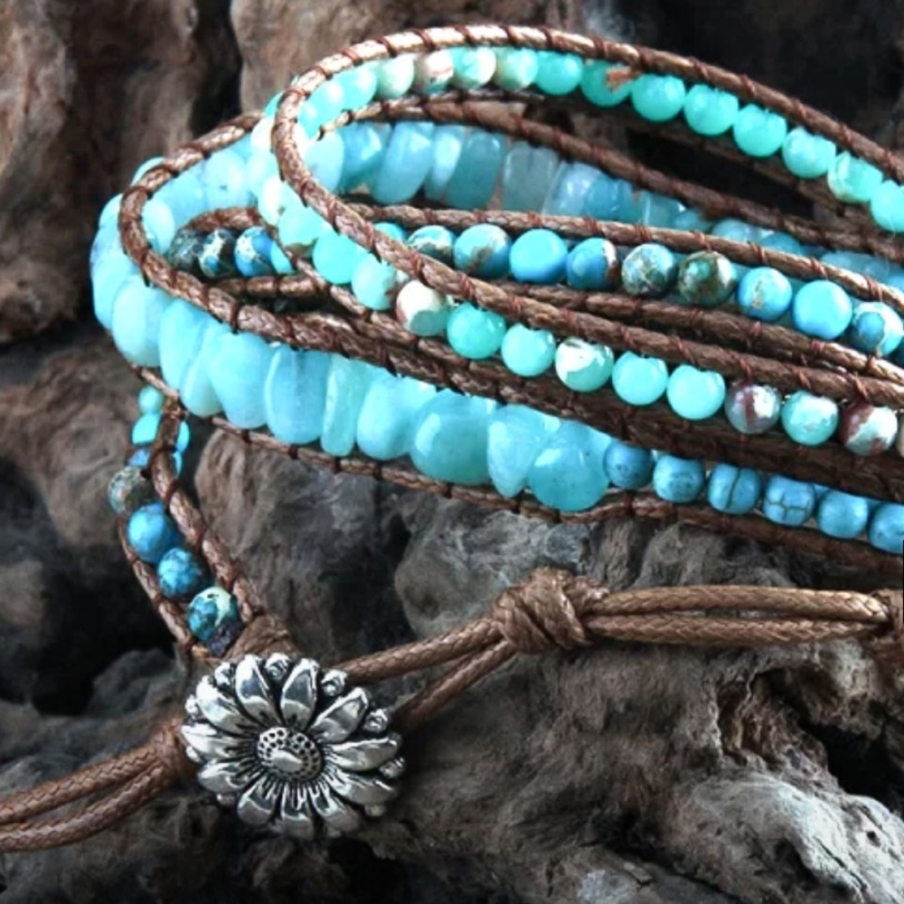 Handmade Natural Blue & Leather Wrap Bracelet Eclectic Chic Style for the Summer - Picture 5 of 6